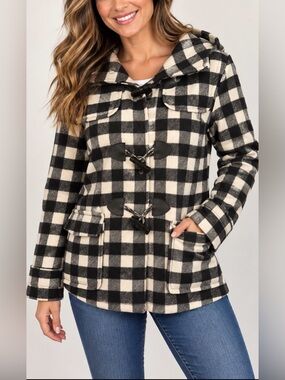 Love Tree Women's Black & White Plaid Toggle Pea Coat Size Large Classy!!!